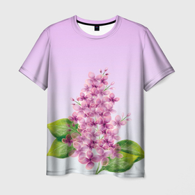 Мужская футболка 3D с принтом акварельная сирень в Петрозаводске, 100% полиэфир | прямой крой, круглый вырез горловины, длина до линии бедер | акварель | весна | ветка | краска | рисунок | сериневый | сирень | цветы