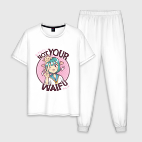 Мужская пижама хлопок с принтом Anime Not Your Waifu в Курске, 100% хлопок | брюки и футболка прямого кроя, без карманов, на брюках мягкая резинка на поясе и по низу штанин
 | Тематика изображения на принте: art | japan | japanimation | kanji | kawaii | manga | анимешник | анимешника | арт | в стиле аниме | вайфу | иероглифы | кавайи | кавайная | кандзи | кот | котенок | котята | кошка | манга | не твоя | рисунок | символы | япони