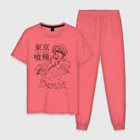 Мужская пижама хлопок с принтом Токийский гуль без маски в Петрозаводске, 100% хлопок | брюки и футболка прямого кроя, без карманов, на брюках мягкая резинка на поясе и по низу штанин
 | anime | kaneki ken | tokyo ghoul | tokyo ghoul: re | аниме | анимэ | гули | джузо сузуя | канеки кен | кузен йошимура | наки | нишики нишио | ре | ренджи йомо | ризе камиширо | токийский гуль | тоука киришима | ута