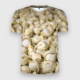 Мужская футболка 3D Slim с принтом Пельмени в Екатеринбурге, 100% полиэстер с улучшенными характеристиками | приталенный силуэт, круглая горловина, широкие плечи, сужается к линии бедра | вареники | обои пельмени | пельмендосы | пельмени | пельмень | пельмешки