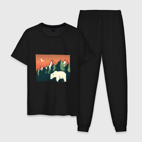 Мужская пижама хлопок с принтом Белый медведь пейзаж с горами в Кировске, 100% хлопок | брюки и футболка прямого кроя, без карманов, на брюках мягкая резинка на поясе и по низу штанин
 | Тематика изображения на принте: landscape | moon | mountain | mountains | north pole | polar | polar bear | russian bear | антарктида | антарктика | арктика | горы | дикая природа | лес | луна | медвежонок | мишка | полярный медведь | природа | русский медведь