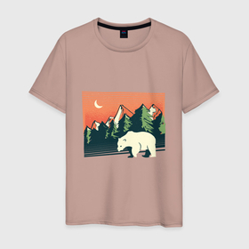 Мужская футболка хлопок с принтом Белый медведь пейзаж с горами в Белгороде, 100% хлопок | прямой крой, круглый вырез горловины, длина до линии бедер, слегка спущенное плечо. | landscape | moon | mountain | mountains | north pole | polar | polar bear | russian bear | антарктида | антарктика | арктика | горы | дикая природа | лес | луна | медвежонок | мишка | полярный медведь | природа | русский медведь