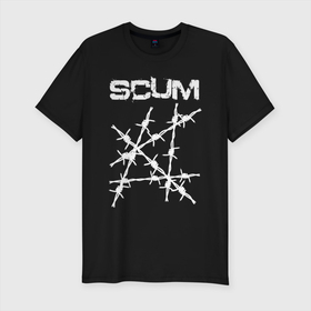 Мужская футболка хлопок Slim с принтом SCUM в Новосибирске, 92% хлопок, 8% лайкра | приталенный силуэт, круглый вырез ворота, длина до линии бедра, короткий рукав | action | game | scum | tec1 | выживание | выжить | ресурсы | скам игра | тюремная
