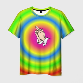 Мужская футболка 3D с принтом bright print в Екатеринбурге, 100% полиэфир | прямой крой, круглый вырез горловины, длина до линии бедер | bright | молитва | радуга | руки | хиппи