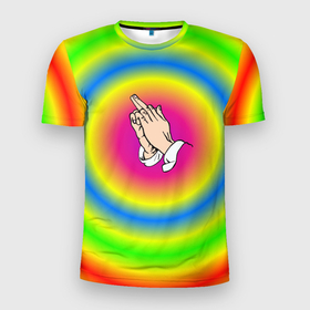 Мужская футболка 3D спортивная с принтом bright print в Новосибирске, 100% полиэстер с улучшенными характеристиками | приталенный силуэт, круглая горловина, широкие плечи, сужается к линии бедра | bright | молитва | радуга | руки | хиппи