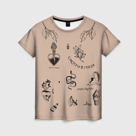 Женская футболка 3D с принтом принт с маленьким татуировки в Новосибирске, 100% полиэфир ( синтетическое хлопкоподобное полотно) | прямой крой, круглый вырез горловины, длина до линии бедер | Тематика изображения на принте: tatoo | ботаника | луна | скульптура | тату | тренд | цветок | цветы