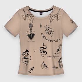 Женская футболка 3D Slim с принтом принт  с маленьким татуировки в Новосибирске,  |  | Тематика изображения на принте: tatoo | ботаника | луна | скульптура | тату | тренд | цветок | цветы