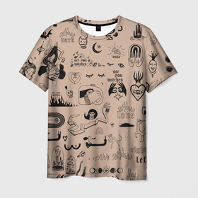 Мужская футболка 3D с принтом принт в стиле тату в Екатеринбурге, 100% полиэфир | прямой крой, круглый вырез горловины, длина до линии бедер | tatoo | ботаника | луна | надписи | скульптура | тату | тренд | цветок | цветы