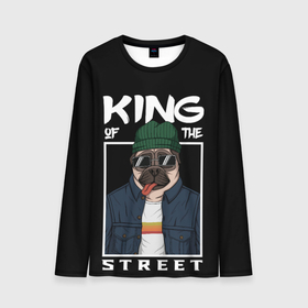 Мужской лонгслив 3D с принтом King Street в Новосибирске, 100% полиэстер | длинные рукава, круглый вырез горловины, полуприлегающий силуэт | animal | art | brutal | dog | illustration | king | of | pug | street | the | арт | брутальный | бульдог | в | животное | зверь | король | надпись | одежде | очках | пёс | рамка | собака | текст | улиц | улицы | уличный | шапке