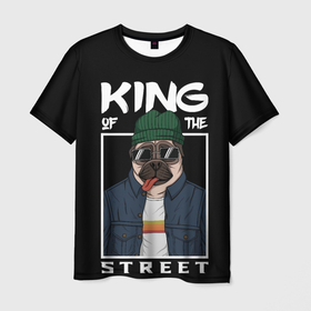 Мужская футболка 3D с принтом King Street в Тюмени, 100% полиэфир | прямой крой, круглый вырез горловины, длина до линии бедер | Тематика изображения на принте: animal | art | brutal | dog | illustration | king | of | pug | street | the | арт | брутальный | бульдог | в | животное | зверь | король | надпись | одежде | очках | пёс | рамка | собака | текст | улиц | улицы | уличный | шапке