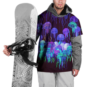 Накидка на куртку 3D с принтом Неоновые медузы , 100% полиэстер |  | Тематика изображения на принте: вода | животные | медузы | неон | неоновые