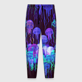 Мужские брюки 3D с принтом Неоновые медузы , 100% полиэстер | манжеты по низу, эластичный пояс регулируется шнурком, по бокам два кармана без застежек, внутренняя часть кармана из мелкой сетки | вода | животные | медузы | неон | неоновые