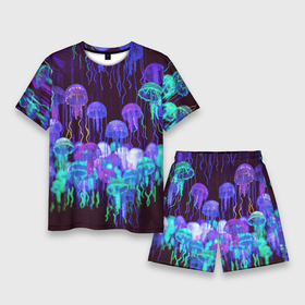 Мужской костюм с шортами 3D с принтом Неоновые медузы в Петрозаводске,  |  | вода | животные | медузы | неон | неоновые