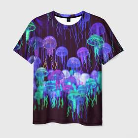 Мужская футболка 3D с принтом Неоновые медузы в Белгороде, 100% полиэфир | прямой крой, круглый вырез горловины, длина до линии бедер | вода | животные | медузы | неон | неоновые