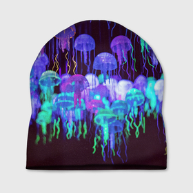Шапка 3D с принтом Неоновые медузы в Курске, 100% полиэстер | универсальный размер, печать по всей поверхности изделия | вода | животные | медузы | неон | неоновые
