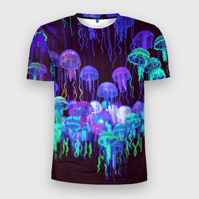 Мужская футболка 3D спортивная с принтом Неоновые медузы , 100% полиэстер с улучшенными характеристиками | приталенный силуэт, круглая горловина, широкие плечи, сужается к линии бедра | вода | животные | медузы | неон | неоновые