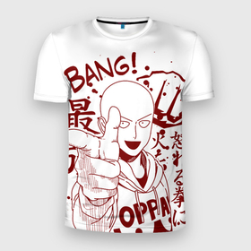 Мужская футболка 3D Slim с принтом Saitama Bang в Курске, 100% полиэстер с улучшенными характеристиками | приталенный силуэт, круглая горловина, широкие плечи, сужается к линии бедра | anime | one punch man | onepunchman | saitama | аниме | ванпанчмен | лысый плащ | манга | сайтама