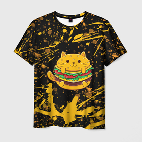Мужская футболка 3D с принтом Котобургер в Кировске, 100% полиэфир | прямой крой, круглый вырез горловины, длина до линии бедер | брызги | булка | бургер кот | буттерброд | гамбургер | желтый | котенок | котик | котобургер | краски | оранжевый | сендвич | фаст фуд | чизбургер