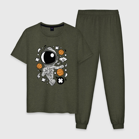 Мужская пижама хлопок с принтом Космонавт Баскетболист в Тюмени, 100% хлопок | брюки и футболка прямого кроя, без карманов, на брюках мягкая резинка на поясе и по низу штанин
 | астронавт | баскетбол | гром | икс | космонавт | молния | мяч | облако | скафандр