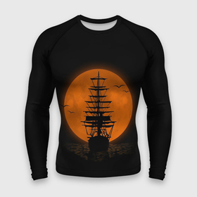 Мужской рашгард 3D с принтом Корабль и луна в Курске,  |  | moon | night | sea | ship | корабль | луна | море | ночь