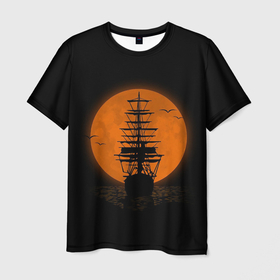 Мужская футболка 3D с принтом Корабль и луна в Санкт-Петербурге, 100% полиэфир | прямой крой, круглый вырез горловины, длина до линии бедер | moon | night | sea | ship | корабль | луна | море | ночь