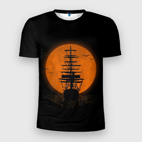 Мужская футболка 3D спортивная с принтом Корабль и луна в Курске, 100% полиэстер с улучшенными характеристиками | приталенный силуэт, круглая горловина, широкие плечи, сужается к линии бедра | Тематика изображения на принте: moon | night | sea | ship | корабль | луна | море | ночь
