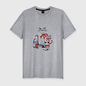 Мужская футболка хлопок Slim с принтом Кошки в Белгороде, 92% хлопок, 8% лайкра | приталенный силуэт, круглый вырез ворота, длина до линии бедра, короткий рукав | бант | животные | звери | картинки | котята | кошка | популярные | прикольные | семья