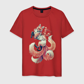 Мужская футболка хлопок с принтом Мифическая лиса в Белгороде, 100% хлопок | прямой крой, круглый вырез горловины, длина до линии бедер, слегка спущенное плечо. | кицунэ | лиса | лисица | лисичка | мифическая лиса | рыжая | японская лисица