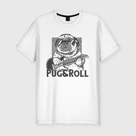 Мужская футболка хлопок Slim с принтом Pug & Roll в Санкт-Петербурге, 92% хлопок, 8% лайкра | приталенный силуэт, круглый вырез ворота, длина до линии бедра, короткий рукав | dog | drawing | guitar | music | pop art | pug | rock and roll | гитара | мопс | музыка | очки | пес | поп арт | рисунок | рок н ролл | собака