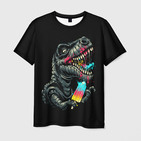 Мужская футболка 3D с принтом T REX ЕСТ МОРОЖЕНОЕ в Тюмени, 100% полиэфир | прямой крой, круглый вырез горловины, длина до линии бедер | dino | dinosauria | t rex | ti rex | дино | динозавр | парк юрского | т рекс | ти рекс | чудовище | юрский период | ящер | ящерица
