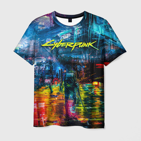Мужская футболка 3D с принтом Сyberpunk City в Санкт-Петербурге, 100% полиэфир | прямой крой, круглый вырез горловины, длина до линии бедер | город | катана | киберпанк | киборг | меч | надпись | неон | ночь | огни | оружие | свет | цвета