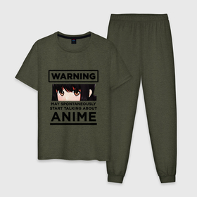 Мужская пижама хлопок с принтом Warning ANIME , 100% хлопок | брюки и футболка прямого кроя, без карманов, на брюках мягкая резинка на поясе и по низу штанин
 | Тематика изображения на принте: about | anime | art | cartoon | chan | cute | girl | japan | kawai | logo | manga | may | otaku | rwby | spontaneously | start | talking | text | tyan | warning | аниме | арт | девушка | заговорить | лицо | манга | милая | может | надпись | об | отаку | п