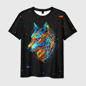 Мужская футболка 3D с принтом КРАСОЧНЫЙ ВОЛК в Курске, 100% полиэфир | прямой крой, круглый вырез горловины, длина до линии бедер | colors | dog | paints | wolf | брызги | волк | деревья | красивый лес | краски | лес | листья | природа | собака | темный лес