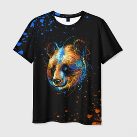 Мужская футболка 3D с принтом КРАСОЧНАЯ ПАНДА , 100% полиэфир | прямой крой, круглый вырез горловины, длина до линии бедер | Тематика изображения на принте: blue | colors | orange | paints | panda | брызги | краски | медведь | панда