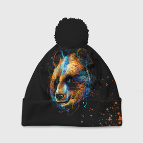 Шапка 3D c помпоном с принтом КРАСОЧНАЯ ПАНДА , 100% полиэстер | универсальный размер, печать по всей поверхности изделия | Тематика изображения на принте: blue | colors | orange | paints | panda | брызги | краски | медведь | панда