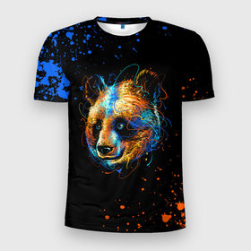 Мужская футболка 3D Slim с принтом КРАСОЧНАЯ ПАНДА , 100% полиэстер с улучшенными характеристиками | приталенный силуэт, круглая горловина, широкие плечи, сужается к линии бедра | Тематика изображения на принте: blue | colors | orange | paints | panda | брызги | краски | медведь | панда