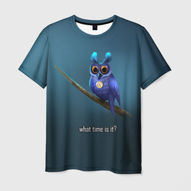 Мужская футболка 3D с принтом Owl в Тюмени, 100% полиэфир | прямой крой, круглый вырез горловины, длина до линии бедер | what time is it | время | синий | сова | темный фон