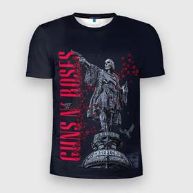 Мужская футболка 3D Slim с принтом GUNS N ROSES в Белгороде, 100% полиэстер с улучшенными характеристиками | приталенный силуэт, круглая горловина, широкие плечи, сужается к линии бедра | band | gnr | guns n roses | hardrock | metal | music | retro | rock | slash | usa | группа | метал | музыка | ретро | розы | рок | роуз | слэш | стволы