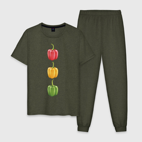Мужская пижама хлопок с принтом Перцы в Новосибирске, 100% хлопок | брюки и футболка прямого кроя, без карманов, на брюках мягкая резинка на поясе и по низу штанин
 | chili | green pepper | hot | red pepper | yellow pepper | жгучий | желтый | зеленый | красный | перцы | светофор | чили