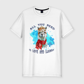 Мужская футболка хлопок Slim с принтом Любовь и ламы в Екатеринбурге, 92% хлопок, 8% лайкра | приталенный силуэт, круглый вырез ворота, длина до линии бедра, короткий рукав | Тематика изображения на принте: альпака | альпаки | все | все о ламах | дети | животное | животные | забавный | лама | ламы | любители лам | любитель лам | люблю | милая лама | милый | наклейки | природа | сердце | что вам нужно