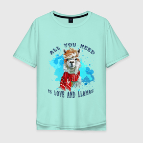 Мужская футболка хлопок Oversize с принтом Любовь и ламы в Новосибирске, 100% хлопок | свободный крой, круглый ворот, “спинка” длиннее передней части | альпака | альпаки | все | все о ламах | дети | животное | животные | забавный | лама | ламы | любители лам | любитель лам | люблю | милая лама | милый | наклейки | природа | сердце | что вам нужно