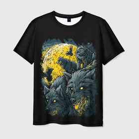 Мужская футболка 3D с принтом ЛУННЫЕ ВОЛКИ в Санкт-Петербурге, 100% полиэфир | прямой крой, круглый вырез горловины, длина до линии бедер | dark | moon | night | wolf | арт | волки | зло | луна | ночь | оборотень | рисунок | хищник