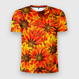 Мужская футболка 3D Slim с принтом ЦВЕТОЧНЫЙ ОРНАМЕНТ в Новосибирске, 100% полиэстер с улучшенными характеристиками | приталенный силуэт, круглая горловина, широкие плечи, сужается к линии бедра | flower | orange | pattern | девушкам | лепестки | оранжевый | орнамент | растения | текстуры | цветы