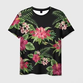 Мужская футболка 3D с принтом Гавайи в Кировске, 100% полиэфир | прямой крой, круглый вырез горловины, длина до линии бедер | гавайская | летняя | пальмы | пляжная | цветы