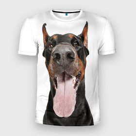 Мужская футболка 3D Slim с принтом Доберман   Doberman в Новосибирске, 100% полиэстер с улучшенными характеристиками | приталенный силуэт, круглая горловина, широкие плечи, сужается к линии бедра | doberman | dog | барбос | доберман | друг человека | пёс | псина | собака | собачка | собачонка | четвероногий друг | щенок
