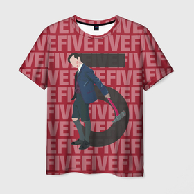 Мужская футболка 3D с принтом FIVE FIVE FIVE в Тюмени, 100% полиэфир | прямой крой, круглый вырез горловины, длина до линии бедер | umbrella academy | академия амбрелла | клаус харгривз | номер пять | роберт шиэн
