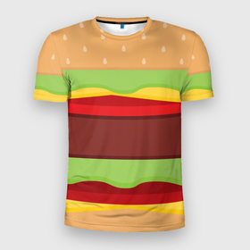 Мужская футболка 3D Slim с принтом Теперь я Бургер в Тюмени, 100% полиэстер с улучшенными характеристиками | приталенный силуэт, круглая горловина, широкие плечи, сужается к линии бедра | бургер | минимализм | полосы | рисунок | фастфуд