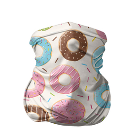 Бандана-труба 3D с принтом Пончики / Donuts в Новосибирске, 100% полиэстер, ткань с особыми свойствами — Activecool | плотность 150‒180 г/м2; хорошо тянется, но сохраняет форму | Тематика изображения на принте: bagel | cookies | donut | pastry | pie | ring | бублик | выпечка | колечко | печенье | пирожок | пончик