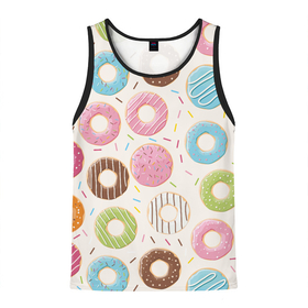 Мужская майка 3D с принтом Пончики / Donuts в Курске, 100% полиэстер | круглая горловина, приталенный силуэт, длина до линии бедра. Пройма и горловина окантованы тонкой бейкой | bagel | cookies | donut | pastry | pie | ring | бублик | выпечка | колечко | печенье | пирожок | пончик