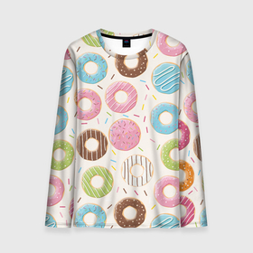 Мужской лонгслив 3D с принтом Пончики / Donuts , 100% полиэстер | длинные рукава, круглый вырез горловины, полуприлегающий силуэт | Тематика изображения на принте: bagel | cookies | donut | pastry | pie | ring | бублик | выпечка | колечко | печенье | пирожок | пончик